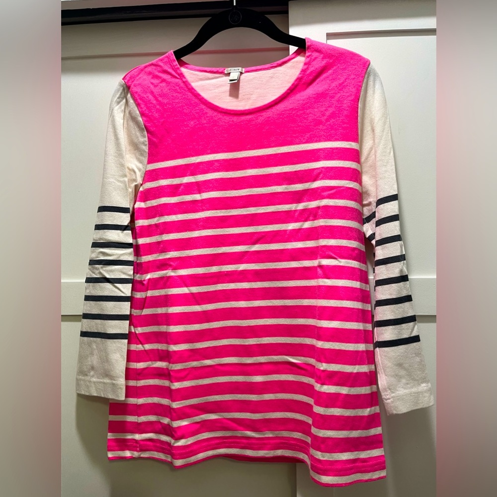 J Crew pink, black, and white striped cotton shirt in size small